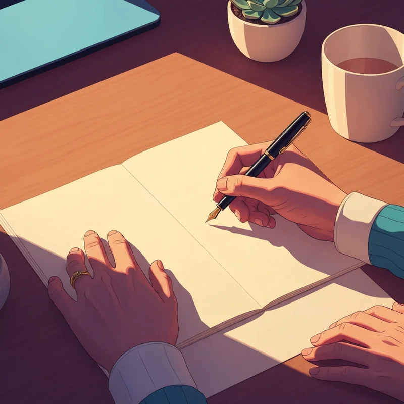 A person learning how to write a letter to a friend at a cozy wooden desk.