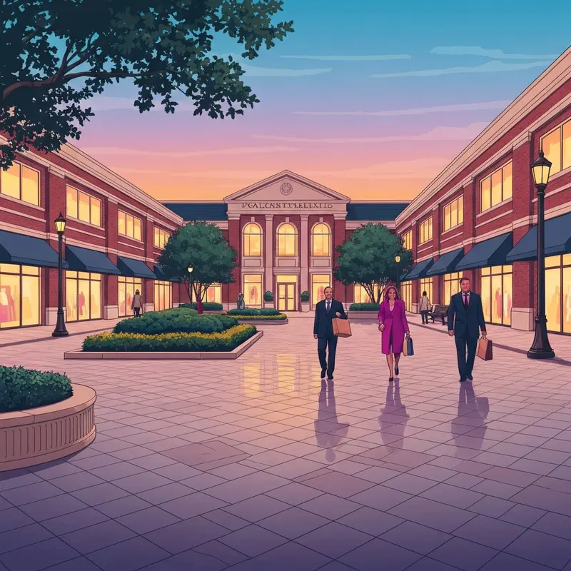 The exterior of Macy's Friendly Center in Greensboro, North Carolina, showcasing its iconic retail architecture and the surrounding open-air shopping environment.