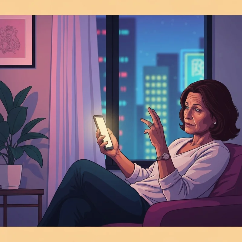 A person evaluating their adult friend finder success rate on a smartphone in a moody apartment.