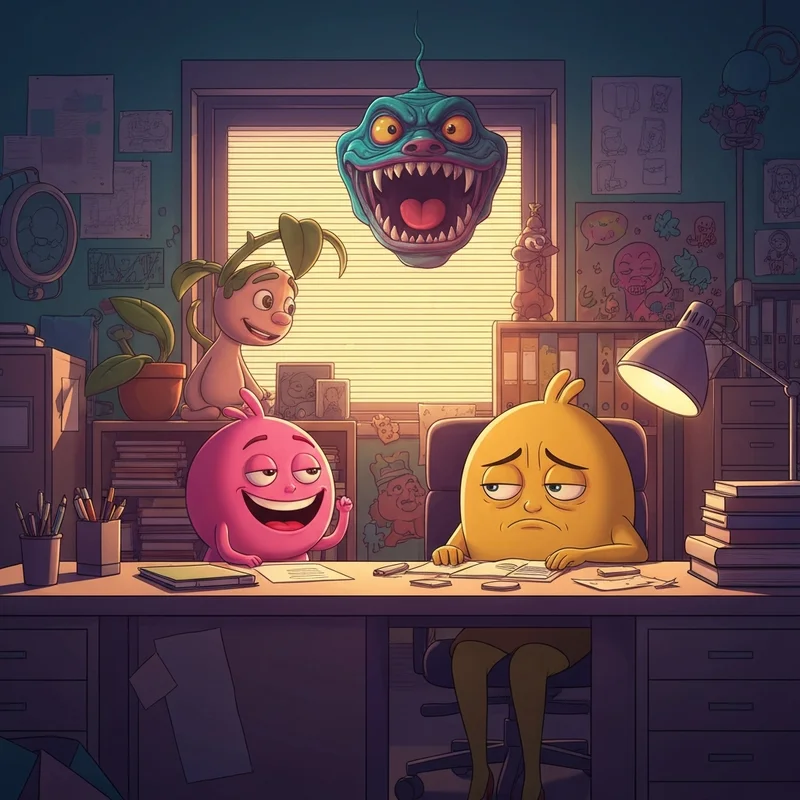 A group of surreal characters in an office setting, representing the vibe of shows like smiling friends.