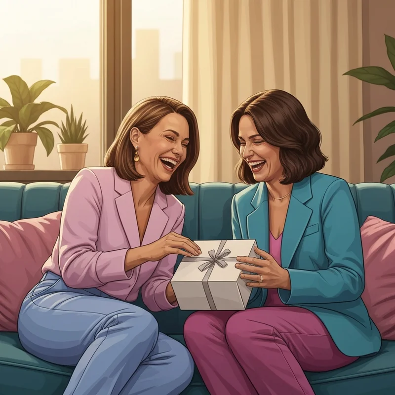 Two best friends laughing while exchanging thoughtful gifts to get your best friend in a cozy modern living room.
