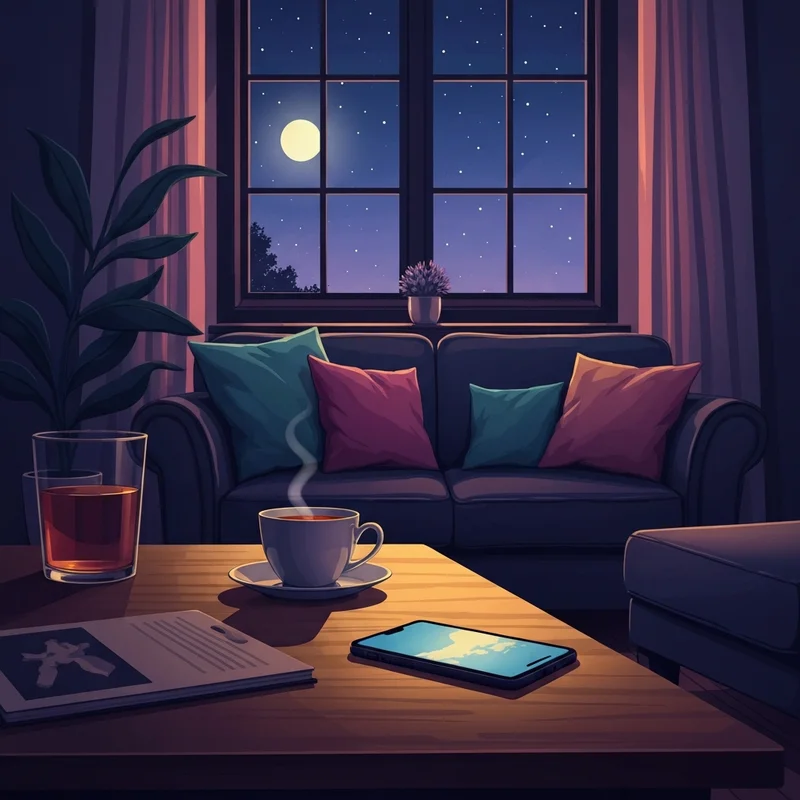 A serene evening scene showing a phone and tea, representing the ritual of sending good nite images for friends.
