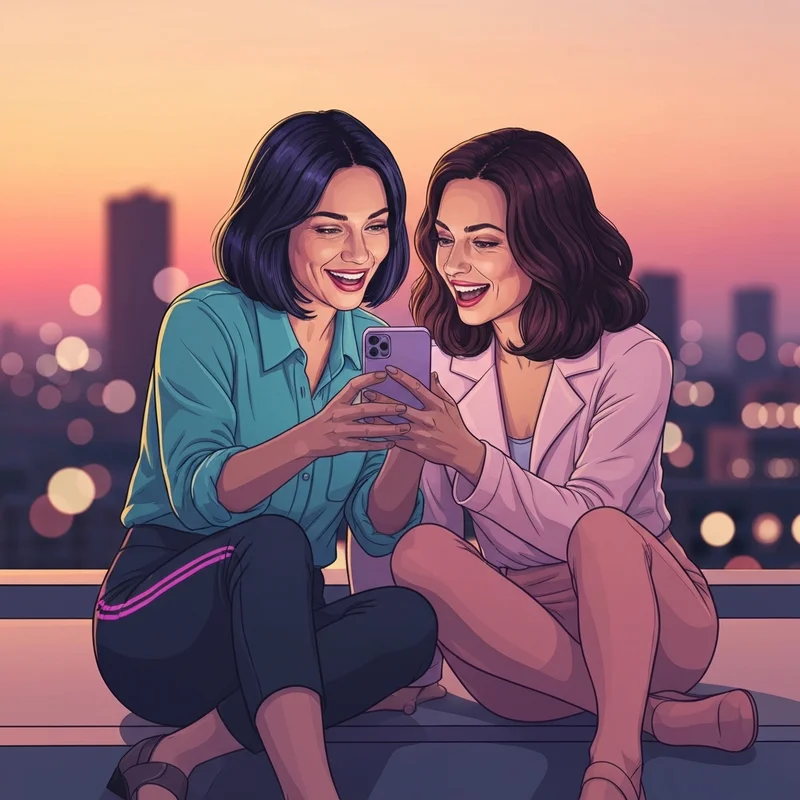 Two best friends laughing while looking at a smartphone to choose a unique nick name best friend.