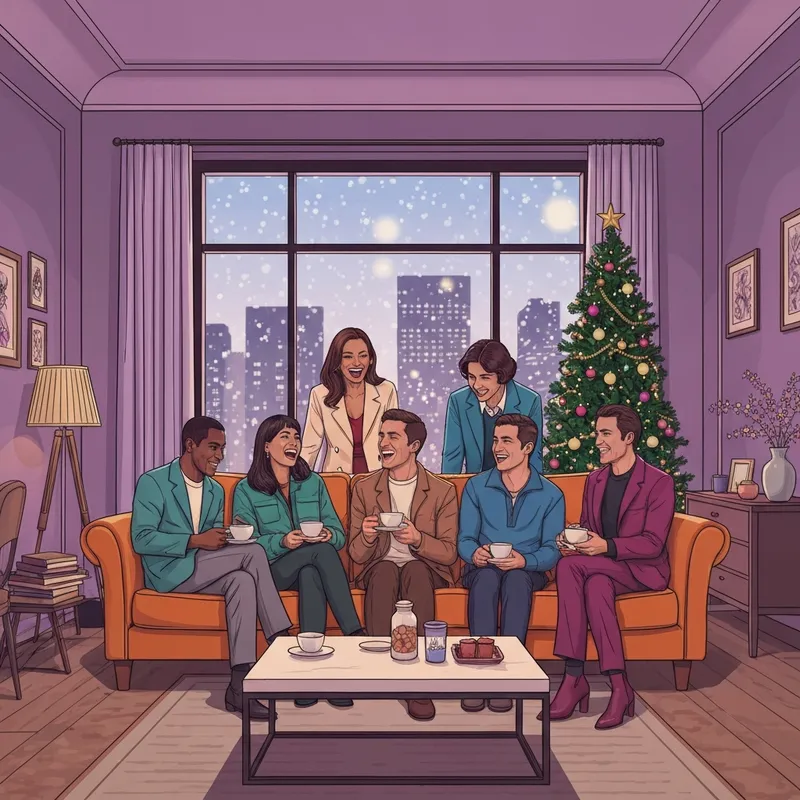 A group of friends laughing in a cozy apartment, celebrating the christmas episodes of friends style holiday.