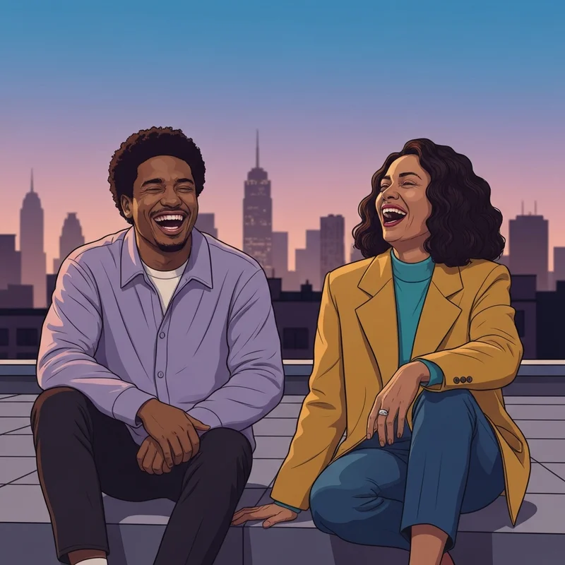 Two best friends laughing together on a rooftop, illustrating the search for words to describe a good friend.