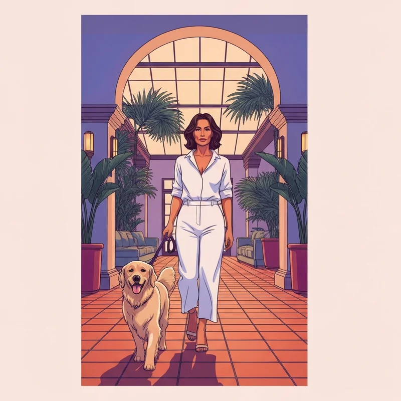A woman walking her dog in one of the premier dog friendly hotels santa barbara during a luxury vacation.