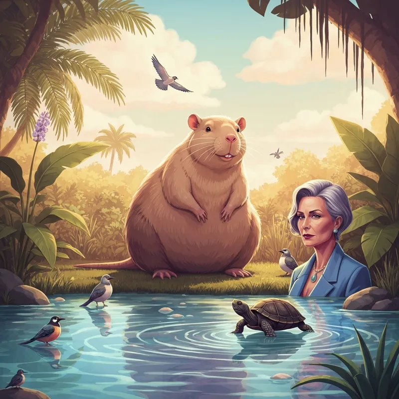 A peaceful scene featuring capybara friends resting by a river in the golden hour sun.