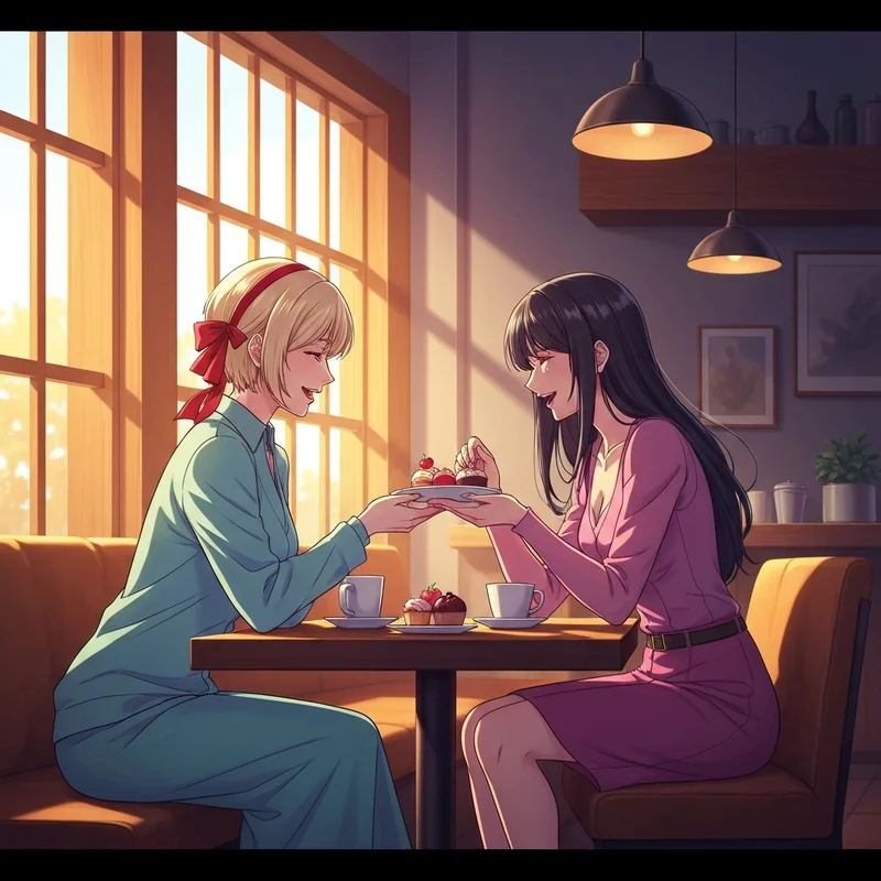 Two girls sharing a meal in a cafe representing the theme Lycoris Recoil Friends are Thieves of Time