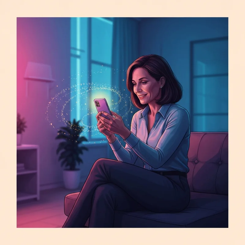 A woman experiencing a fast n friendly emotional connection through her smartphone in a modern apartment.