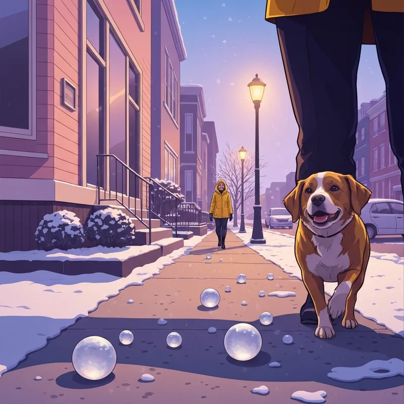 A happy dog walking safely on a sidewalk treated with pet friendly salt during a snowy winter day.