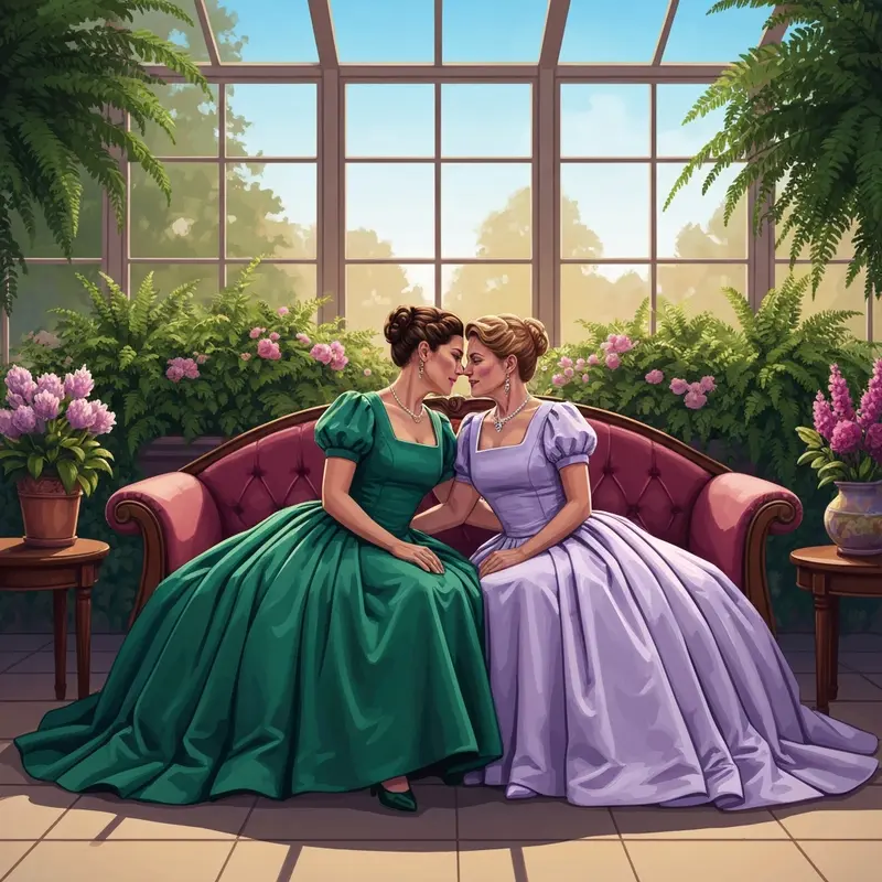 Two women in Victorian dresses sharing a romantic moment, illustrating the themes of Don't Want You Like A Best Friend.