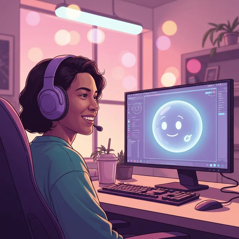 A young gamer enjoying a session with their ai gaming companion in a cozy neon room.