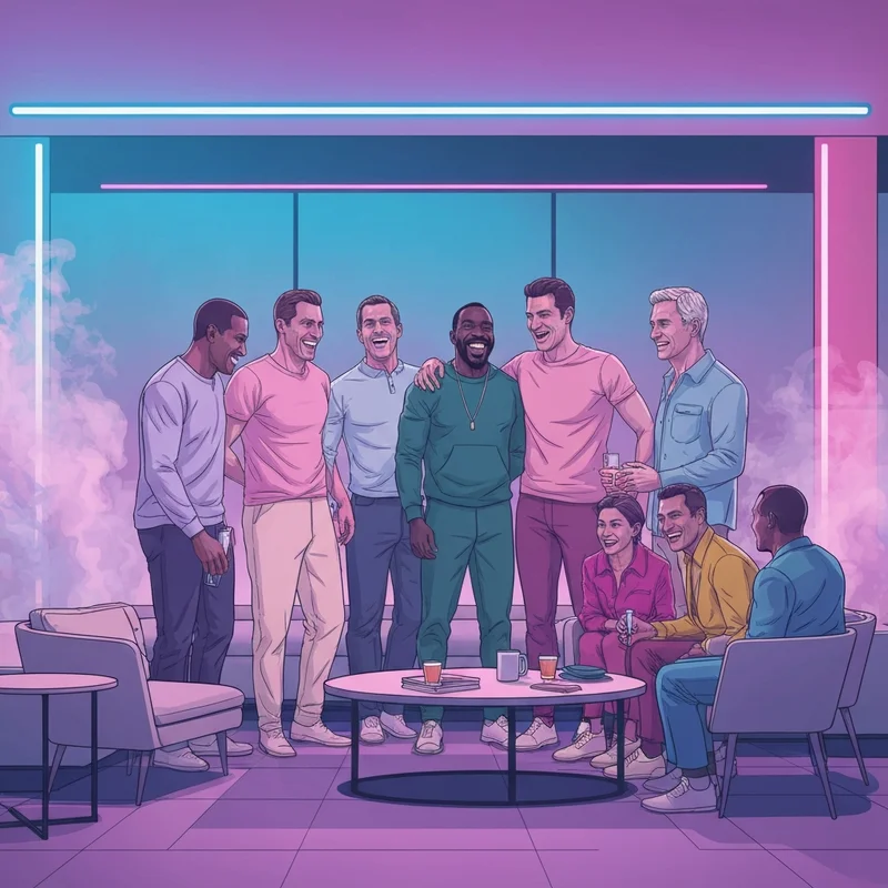 A diverse group of men bonding in a high-energy atmosphere, representing the psychological theme of friendly fire cumshots and group intimacy.