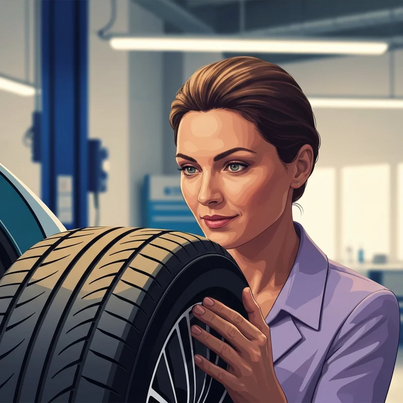 A confident driver inspecting high-quality budget friendly tires in a modern garage.