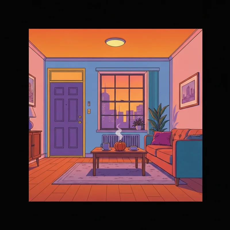 A cozy 90s New York apartment setting perfect for watching friends thanksgiving episodes in order.