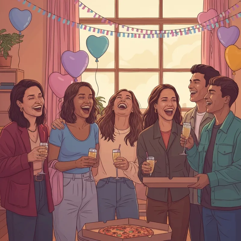 A group of diverse friends celebrating with Valentine's Day quotes for friends in an aesthetic loft setting.