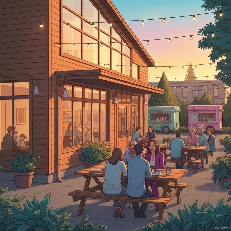 People enjoying food at the outdoor patio of the friendly street market in South Eugene.