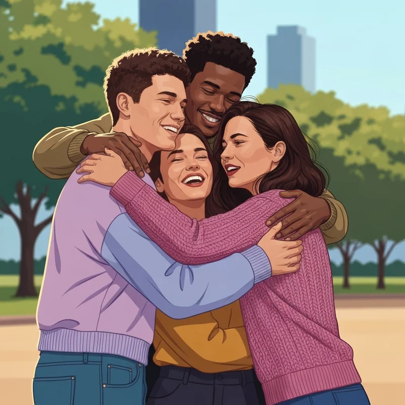 A group of diverse young adults sharing a warm moment as they hug friends in a sunlit park to improve emotional wellness.