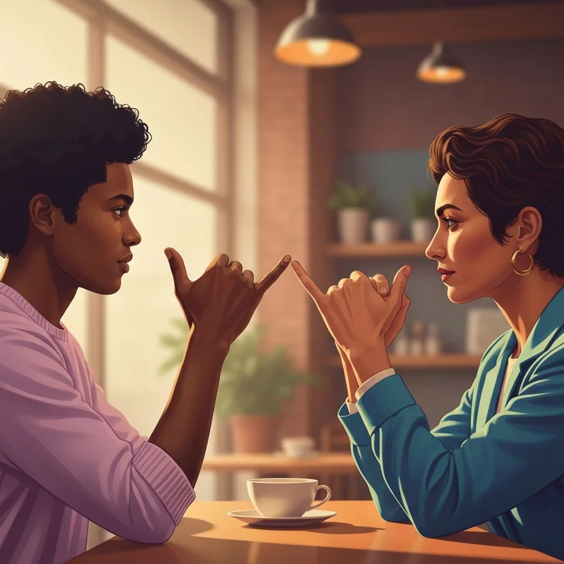 Two young adults demonstrating the friend in sign language sign to build inclusive bonds.