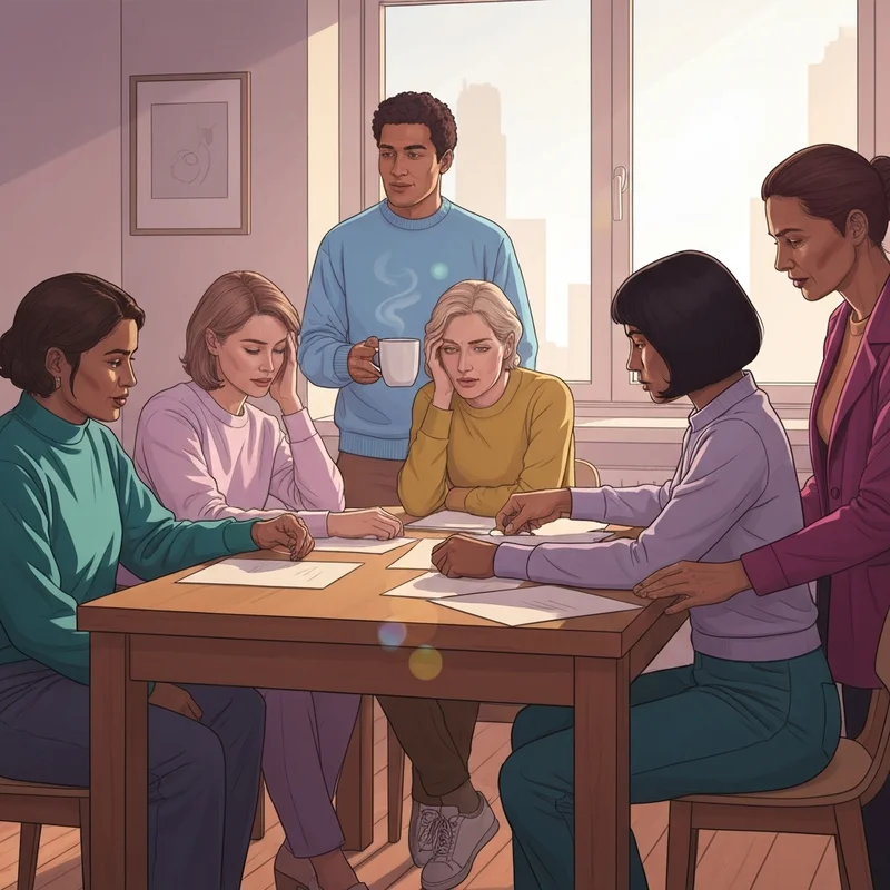 A supportive group of young adults illustrating the concept of my close friends like helping others in a cozy apartment setting.
