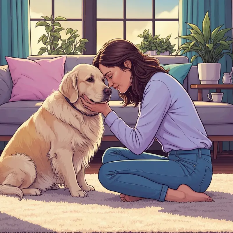 A woman and her golden retriever sharing a moment of deep connection, representing the essence of a dog is a best friend quote.