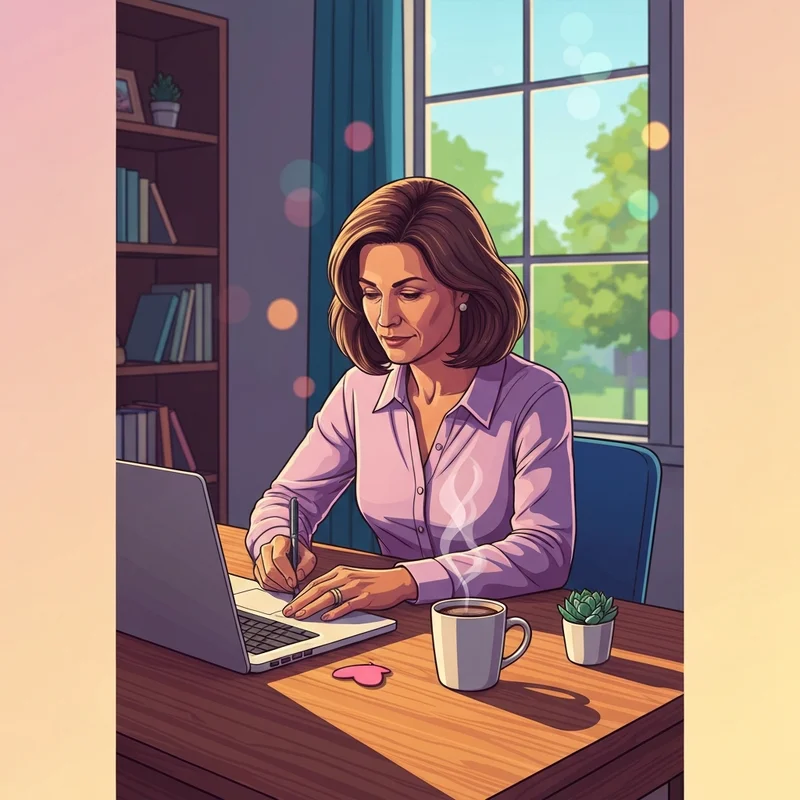 A supportive friend drafting a letter for friend for immigration in a warm, sunlit home office.