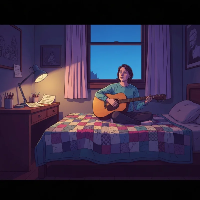 A young person practicing the we're going to be friends tabs on an acoustic guitar in a cozy bedroom.