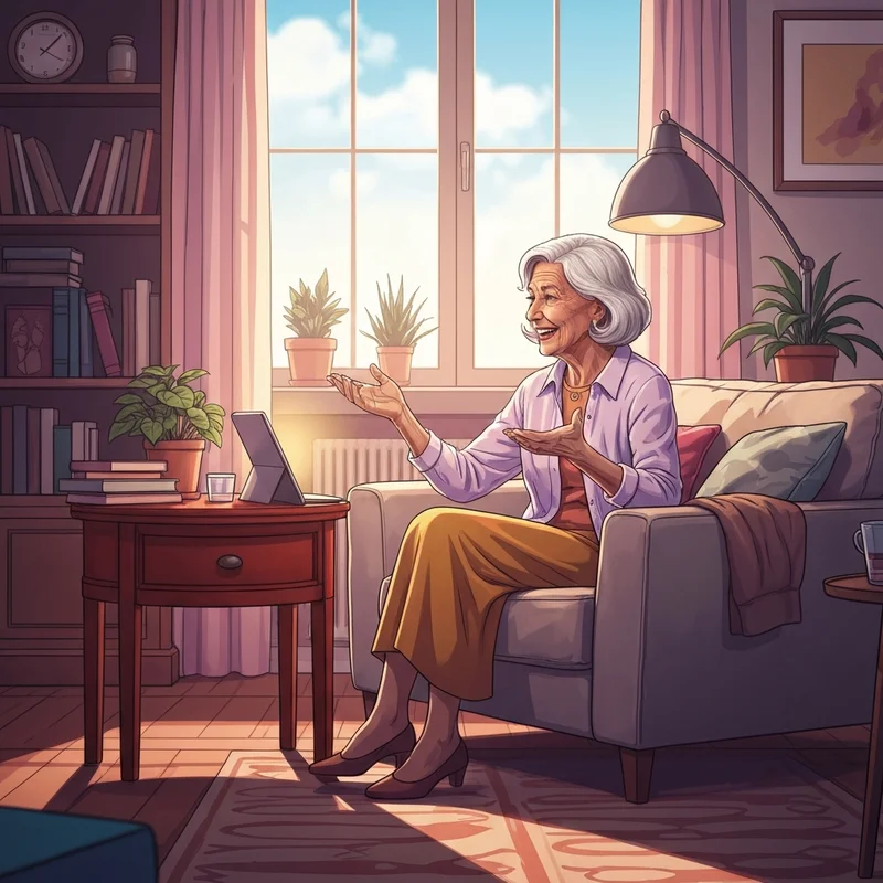 An elderly woman engaging with an ai companion for elderly parents in a bright living room.