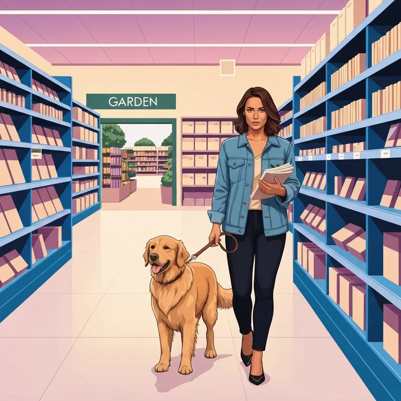 A woman and her golden retriever shopping at a store, demonstrating if is lowes dog friendly.