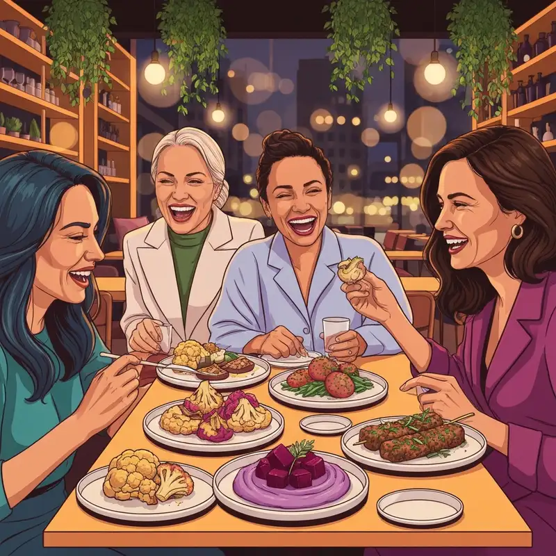 A group of friends enjoying a variety of vegetarian friendly food near me at a stylish urban restaurant.