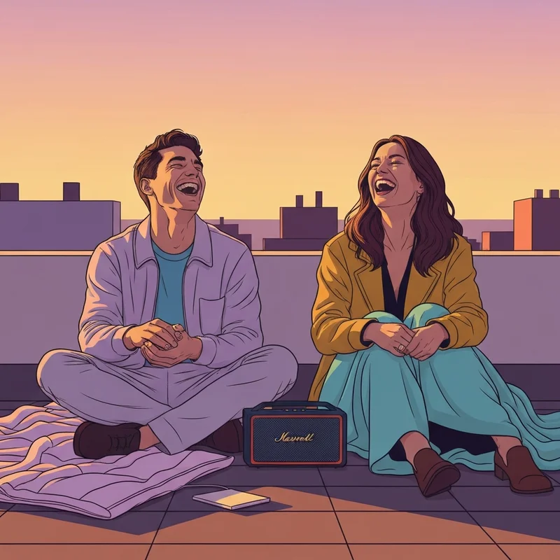 Two platonic friends laughing together on a rooftop during sunset, representing deep emotional connection and soulmate-level friendship.