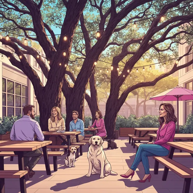 A serene afternoon scene at one of the best dog friendly restaurants austin with happy pets.