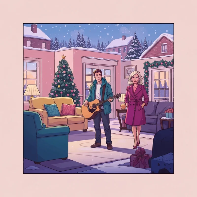 A nostalgic scene depicting the jamie smiles just friends song performance in a snowy 2000s living room.