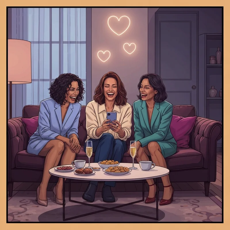 A group of friends laughing together while looking for happy valentines day friend gifs on a smartphone.