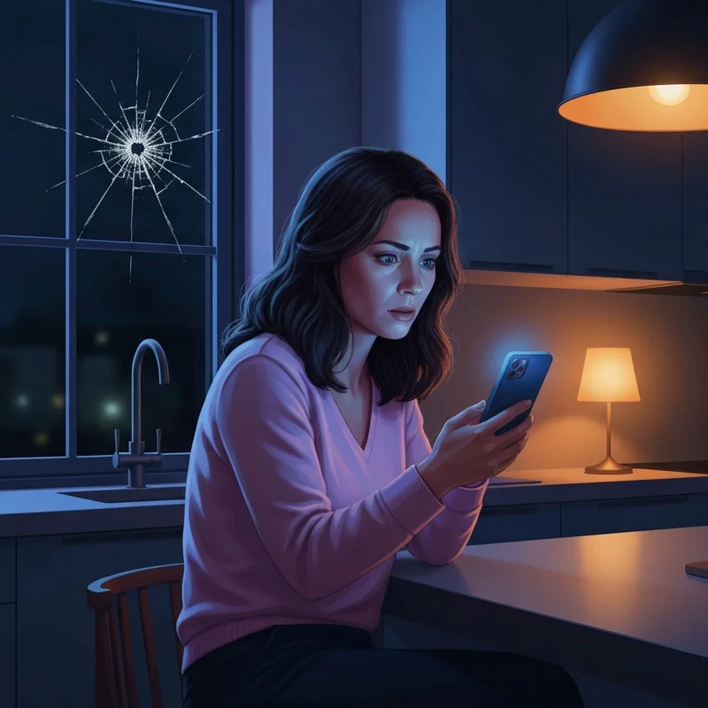 A woman experiencing social vertigo and the shock of friends and betrayal while looking at her phone in a dimly lit kitchen.