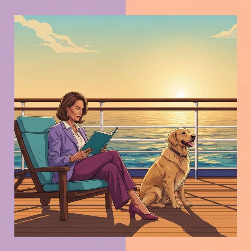 A woman relaxing with her dog on one of the few pet friendly cruises available for luxury travelers.