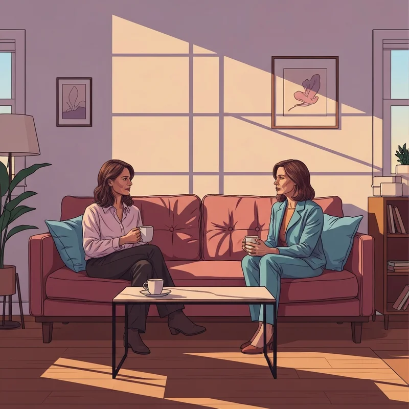 Two young women acting as christian friends having a deep and authentic conversation in a sunlit living room.