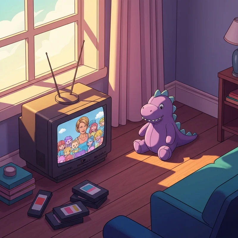 A nostalgic 1990s living room scene featuring childhood memories of barney and friends michael.