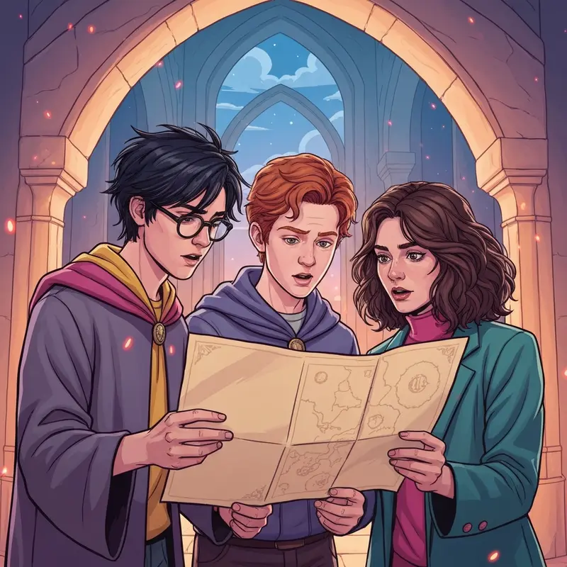 The Golden Trio of Hogwarts showcasing the loyalty of harry potters best friend in a magical hallway.