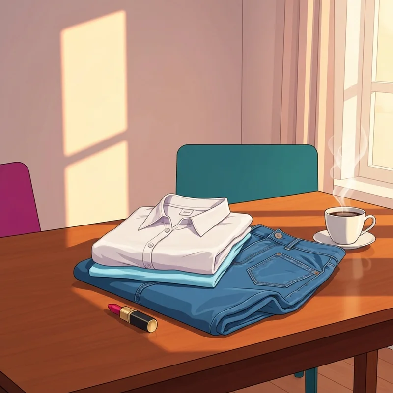 A collection of classic friends monica outfits featuring high-waisted denim and crisp white shirts in an organized setting.