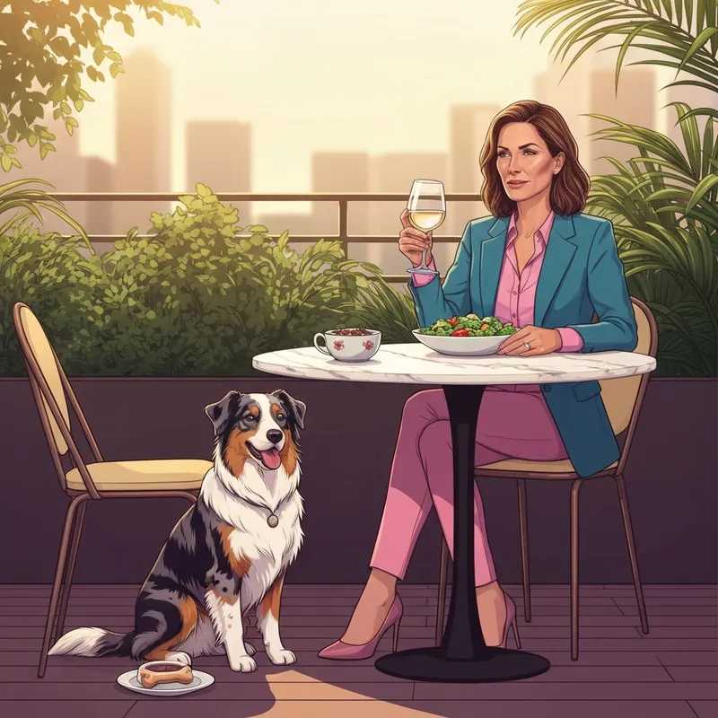 A stylish woman dining at one of the restaurants dog friendly near me with her well-behaved dog on a sun-drenched patio.