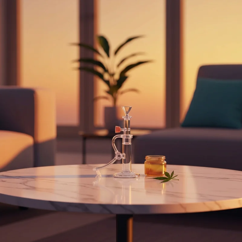 A sophisticated minimalist setup for a 710 friendly lifestyle featuring high-end glass and golden cannabis concentrates.