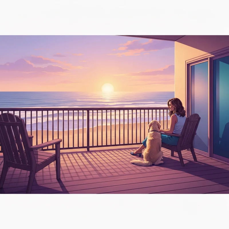 A serene morning view from one of the pet friendly hotels in myrtle beach showing a dog and owner on a balcony.