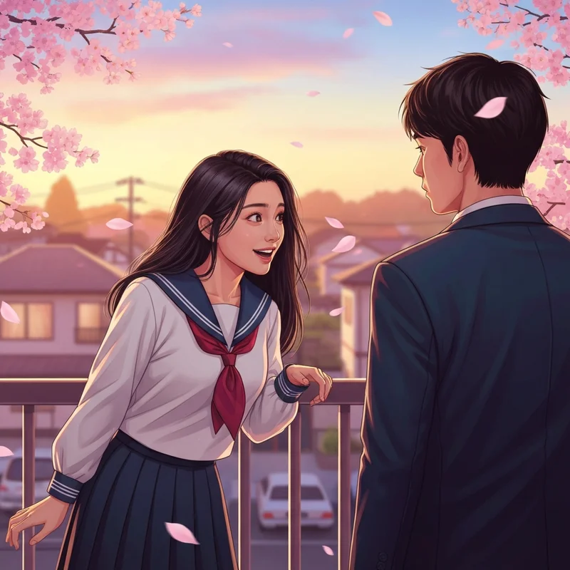 A nostalgic anime-style scene representing the manga Starting Today, We're Childhood Friends with two students at sunset.