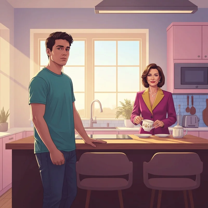 A young man experiencing a crush on his friend's mom while standing in a sun-drenched kitchen.