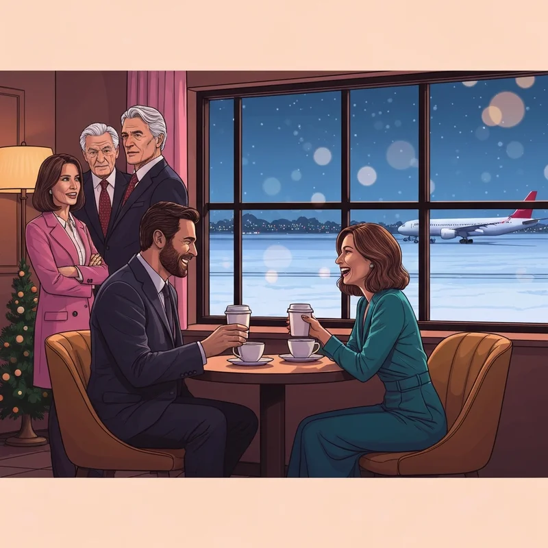 The lead cast of christmas in the friendly skies sharing a romantic moment in a festive airport lounge.