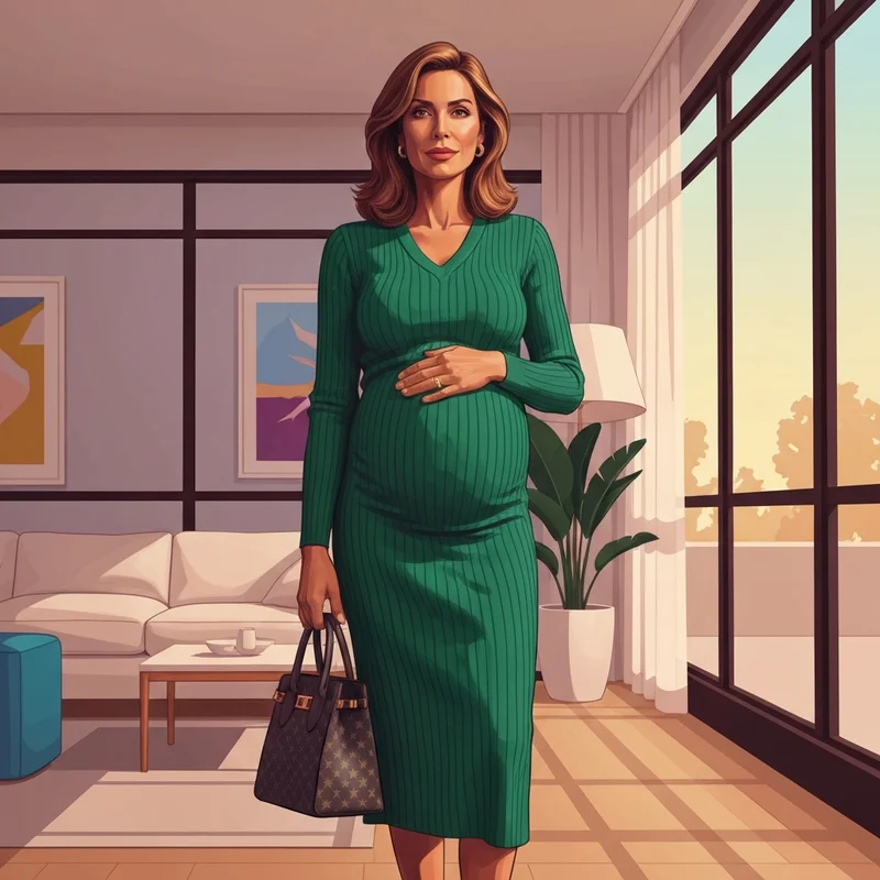 A woman wearing one of the most stylish bump friendly dresses in a modern setting.