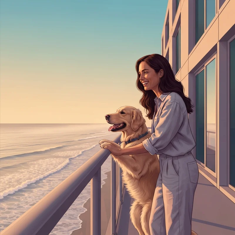 A woman and her dog enjoying the balcony view at one of the top dog friendly hotels ocean city md.