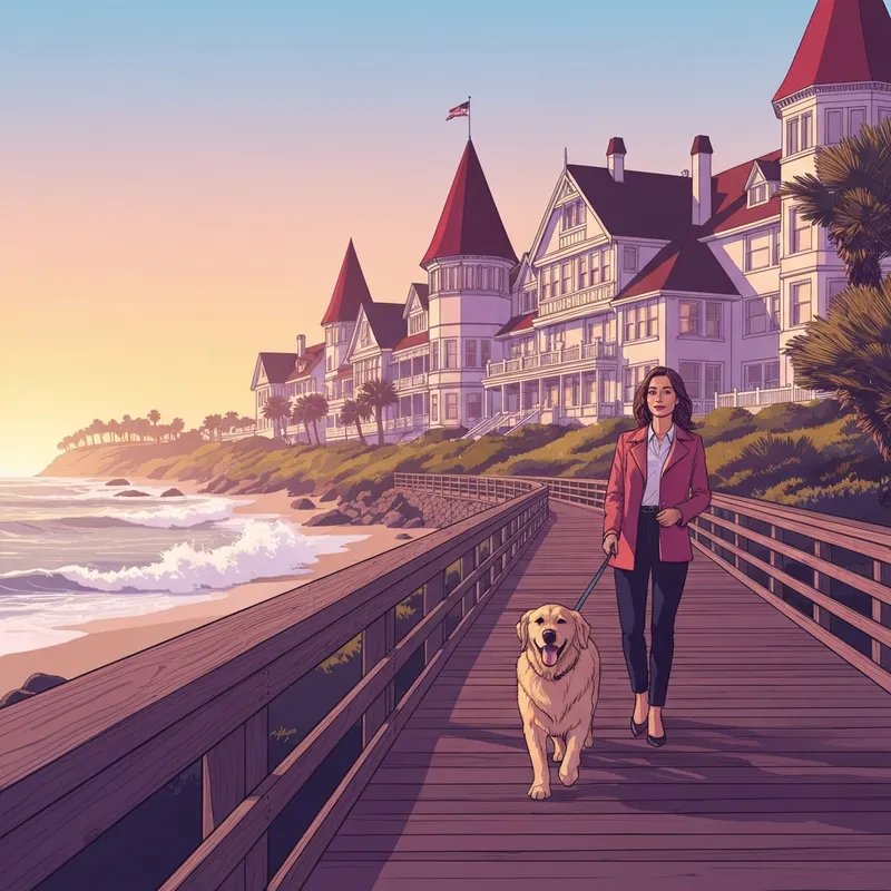 A luxury dog friendly hotel in San Diego at sunset with a golden retriever on the boardwalk.