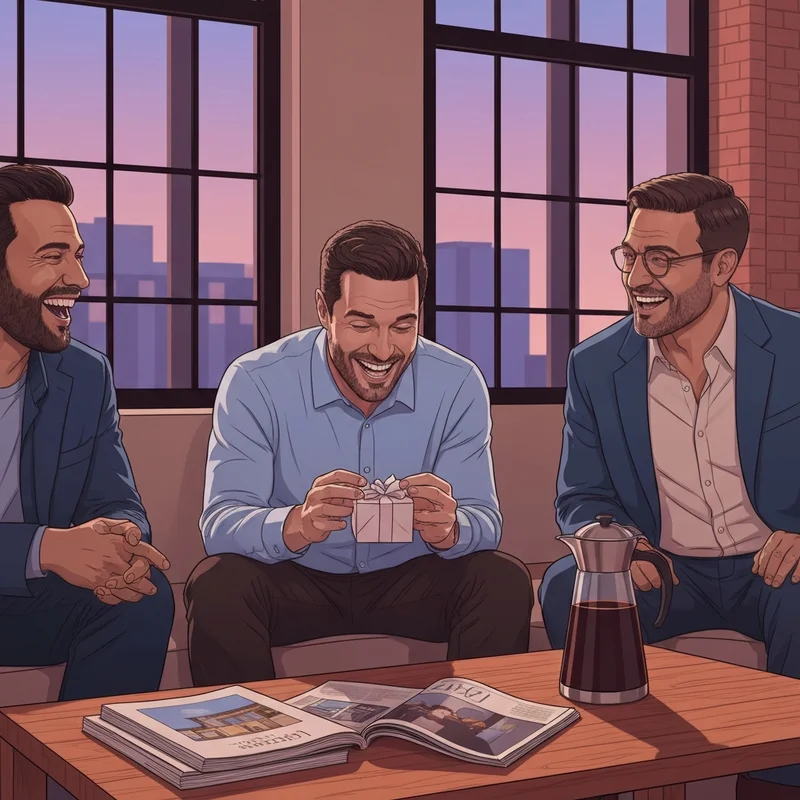 A group of friends laughing while exploring meaningful present ideas for male friends in a modern apartment.